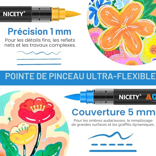 NICETY 180 Feutres Acryliques Pointe Pinceau Multi-Supports pour Artistes et Débutants
