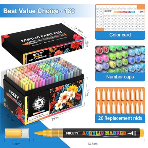 NICETY 180 Feutres Acryliques Pointe Pinceau Multi-Supports pour Artistes et Débutants
