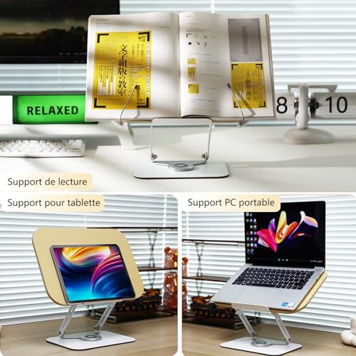 Support de Livre en Bois Réglable avec Rotation 360° - Idéal pour Recettes, iPad, Tablette et Documents