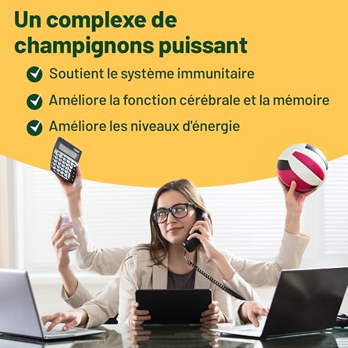 Suppléments Champignons 6 en 1 : Reishi, Lion's Mane, Cordyceps, Chaga, Shiitake, Maitake - 120 Capsules Végétales