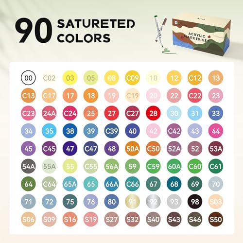 Arrtx 90 Marqueurs Acryliques Couleur Pointe Pinceau - Idéal Artistes Adultes Peinture Roche Bois Toile Loisirs Créatifs