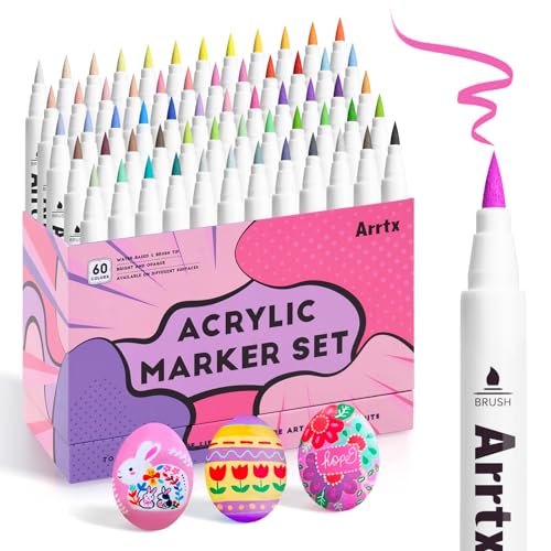 Arrtx Lot de 60 Marqueurs Peinture Acrylique Imperméables Pointe Pinceau pour Pierre, Verre, Bois, Toile - Couleurs Vives pour DIY
