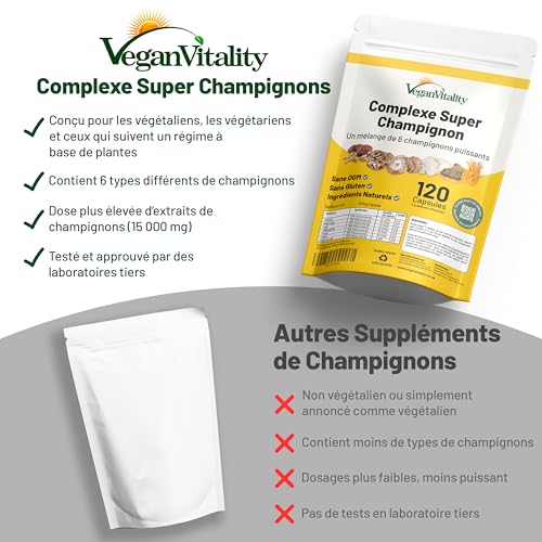 Suppléments Champignons 6 en 1 : Reishi, Lion's Mane, Cordyceps, Chaga, Shiitake, Maitake - 120 Capsules Végétales