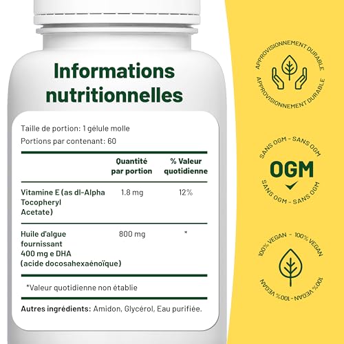 Omega 3 Vegan : Huile d'algues haute concentration DHA (400mg/capsule) - 60 capsules pour 2 mois - Alternative végétale au foie de morue