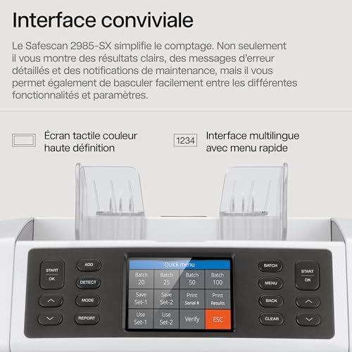 Safescan 2985-SX : Compteuse Valoriseuse et Trieuse de Billets avec Détection de Faux Billets