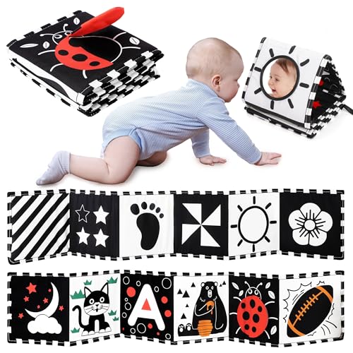 URMYWO Livre Tissu Bébé Montessori 0-12 Mois - Livre Sensoriel Noir et Blanc Éveil Visuel et Motricité