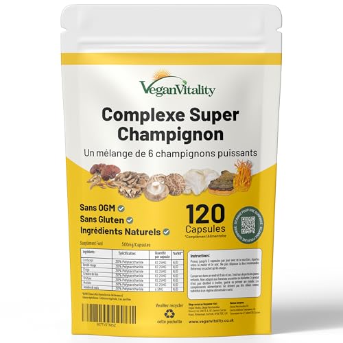 Suppléments Champignons 6 en 1 : Reishi, Lion's Mane, Cordyceps, Chaga, Shiitake, Maitake - 120 Capsules Végétales