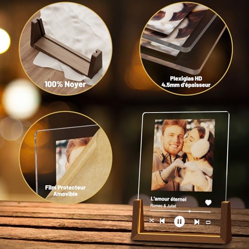 LUCKOR Plaque Spotify Personnalisée - Cadeau Unique Saint Valentin, Anniversaire pour Couple, Femme, Homme - Lampe Photo Acrylique avec Base en Noyer