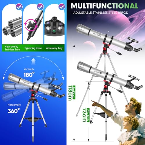 Télescope Astronomique Professionnel 90mm 900mm Réfracteur Portable avec Trépied et Adaptateur Smartphone pour Enfants et Débutants