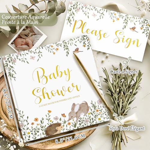 Lanpn Livre d'or Baby Shower Complet avec Stylo Doré - Album Souvenirs & Prédictions Bébé