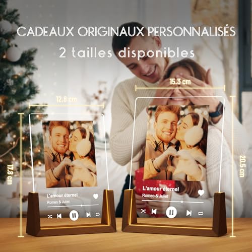 LUCKOR Plaque Spotify Personnalisée - Cadeau Unique Saint Valentin, Anniversaire pour Couple, Femme, Homme - Lampe Photo Acrylique avec Base en Noyer