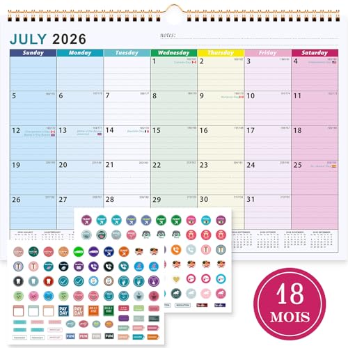 Calendrier Familial Mural A4 2026-2027 : Organiseur Mensuel avec Bobine et Autocollants de Planification
