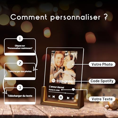 LUCKOR Plaque Spotify Personnalisée - Cadeau Unique Saint Valentin, Anniversaire pour Couple, Femme, Homme - Lampe Photo Acrylique avec Base en Noyer