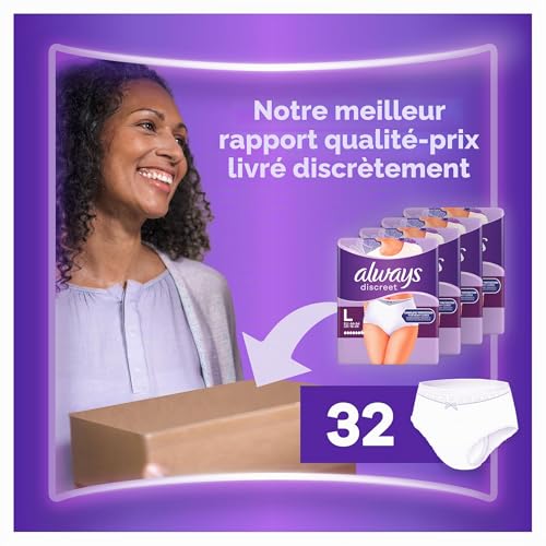 Always Discreet Culottes Incontinence Femme Taille L - 32 Unités + 6 Offertes - Protection Très Absorbante pour Fuites Urinaires Importantes et Post-Accouchement