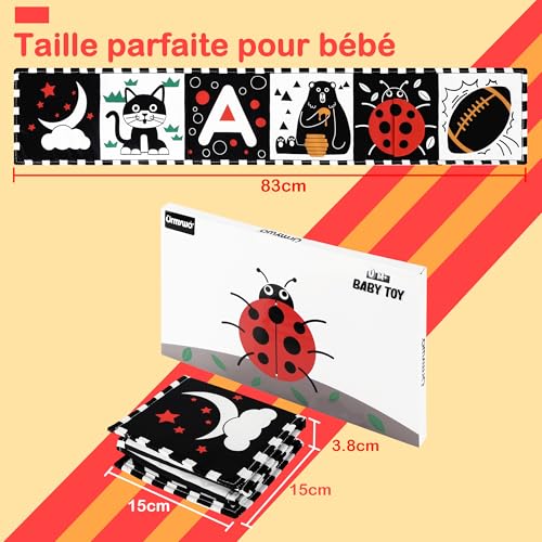URMYWO Livre Tissu Bébé Montessori 0-12 Mois - Livre Sensoriel Noir et Blanc Éveil Visuel et Motricité