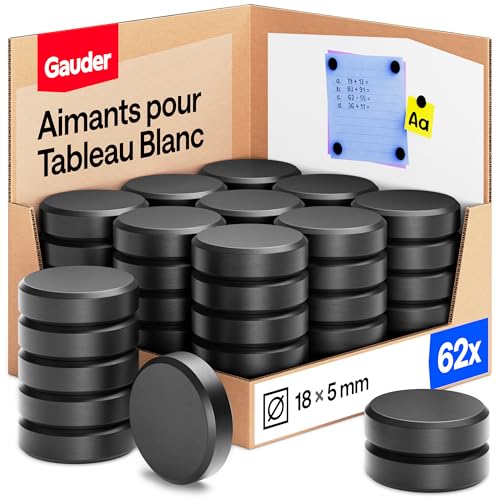 GAUDER Aimants Puissants pour Tableau Blanc et Réfrigérateur - Disques Magnétiques Noirs 18 x 5 mm (62 pièces)