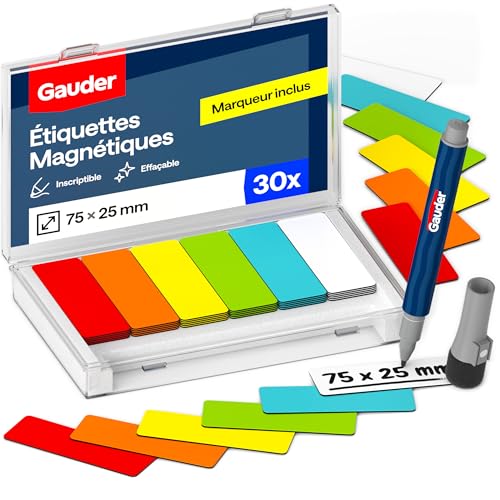 GAUDER Étiquettes Magnétiques Inscriptibles 75 x 25 mm pour Tableaux Kanban et Blanc