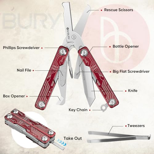 BIBURY Multitool EDC Rouge - Couteau Multifonction Compact avec Ciseaux, Brise-vitre, Tournevis, Lime - Gadget Essentiel et Cadeau Idéal pour Homme
