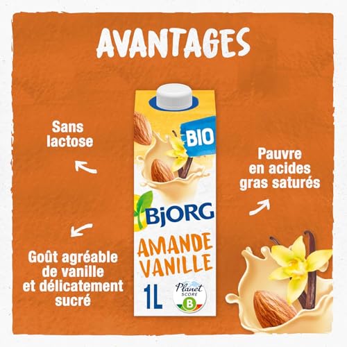BJORG Lait d'Amande Vanille Bio - Boisson Végétale Pauvre en Acides Gras Saturés - Pack de 6 x 1L