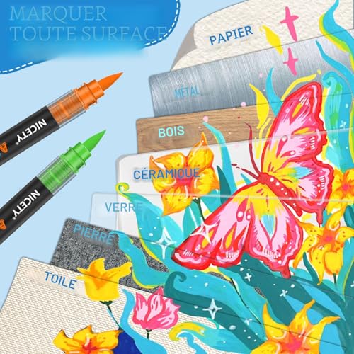NICETY 72 Feutres Acryliques à Pointe Pinceau - Marqueurs Peinture Multi-Supports pour Artistes et Débutants