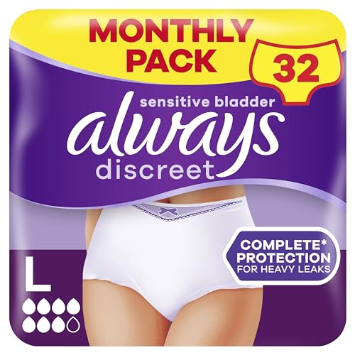 Always Discreet Culottes Incontinence Femme Taille L - 32 Unités + 6 Offertes - Protection Très Absorbante pour Fuites Urinaires Importantes et Post-Accouchement