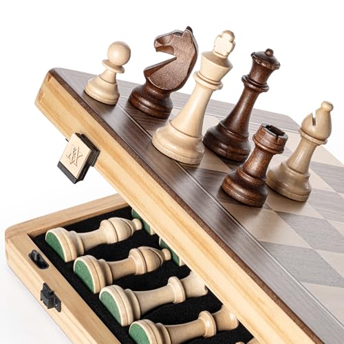 Jeu d'échecs magnétique pliable en bois A&A - 38,1 cm, pièces Staunton 7,6 cm, boîte en pin avec incrustation noyer/érable