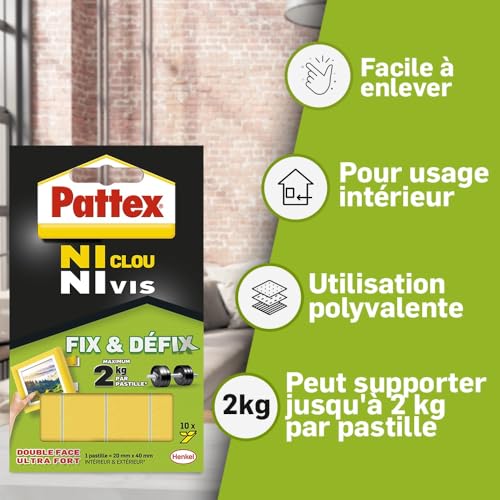 Pattex Ni Clou Ni Vis Fix & Défix : Pastilles adhésives puissantes et repositionnables pour toutes surfaces