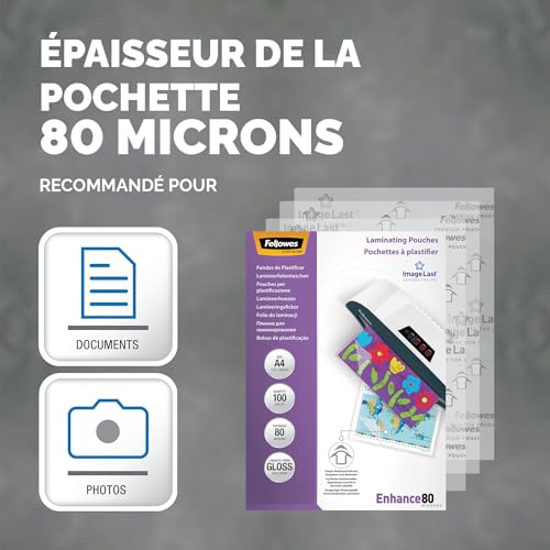 Fellowes Pochette de Plastification A4 80 microns - Pack de 100 Feuilles Plastifieuse - Finition Brillante Haute Qualité