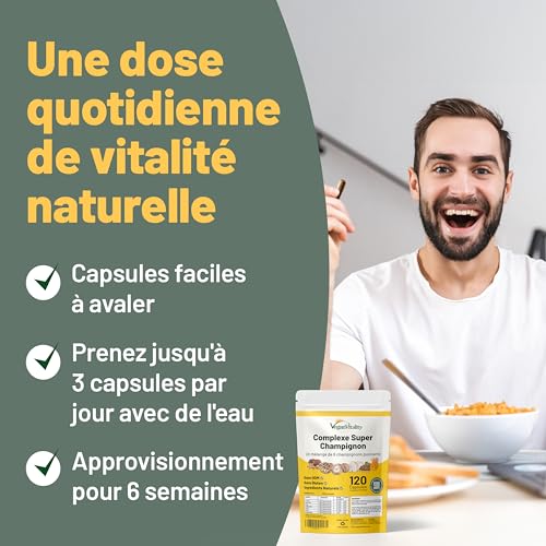 Suppléments Champignons 6 en 1 : Reishi, Lion's Mane, Cordyceps, Chaga, Shiitake, Maitake - 120 Capsules Végétales
