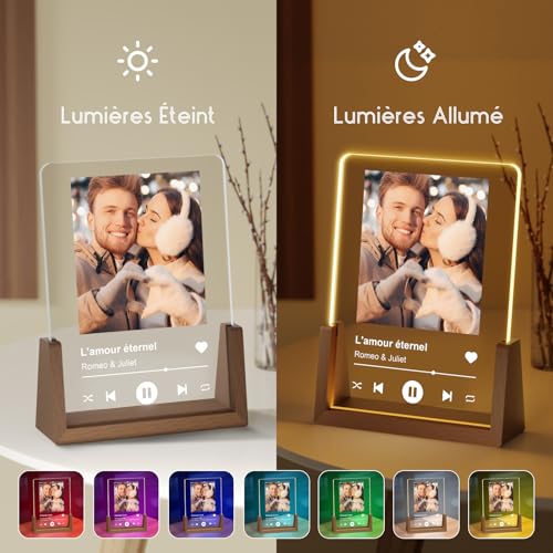 LUCKOR Plaque Spotify Personnalisée - Cadeau Unique Saint Valentin, Anniversaire pour Couple, Femme, Homme - Lampe Photo Acrylique avec Base en Noyer
