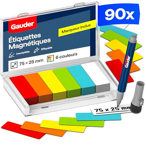 GAUDER Étiquettes Magnétiques Inscriptibles 75x25 mm | Cartes Effaçables pour Tableaux Kanban et Blancs