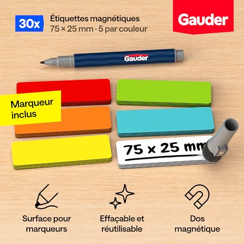 GAUDER Étiquettes Magnétiques Inscriptibles 75 x 25 mm pour Tableaux Kanban et Blanc
