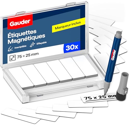 GAUDER Étiquettes Magnétiques Inscriptibles 75 x 25 mm - Effaçables pour Tableaux Kanban et Blanc