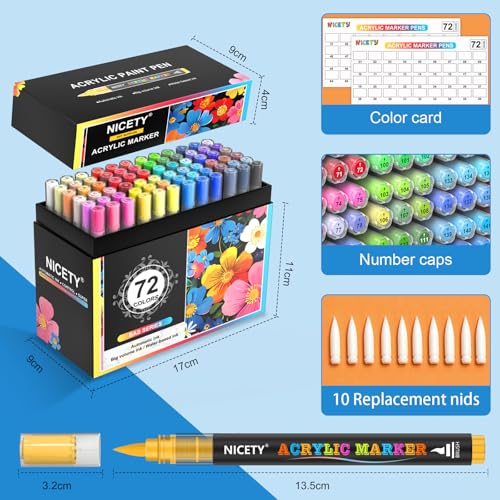 NICETY 72 Feutres Acryliques à Pointe Pinceau - Marqueurs Peinture Multi-Supports pour Artistes et Débutants