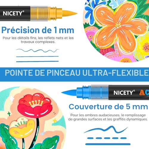 NICETY 72 Feutres Acryliques à Pointe Pinceau - Marqueurs Peinture Multi-Supports pour Artistes et Débutants