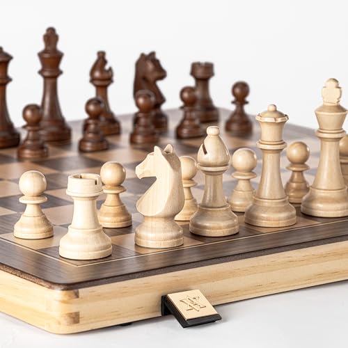 Jeu d'échecs magnétique pliable en bois A&A - 38,1 cm, pièces Staunton 7,6 cm, boîte en pin avec incrustation noyer/érable