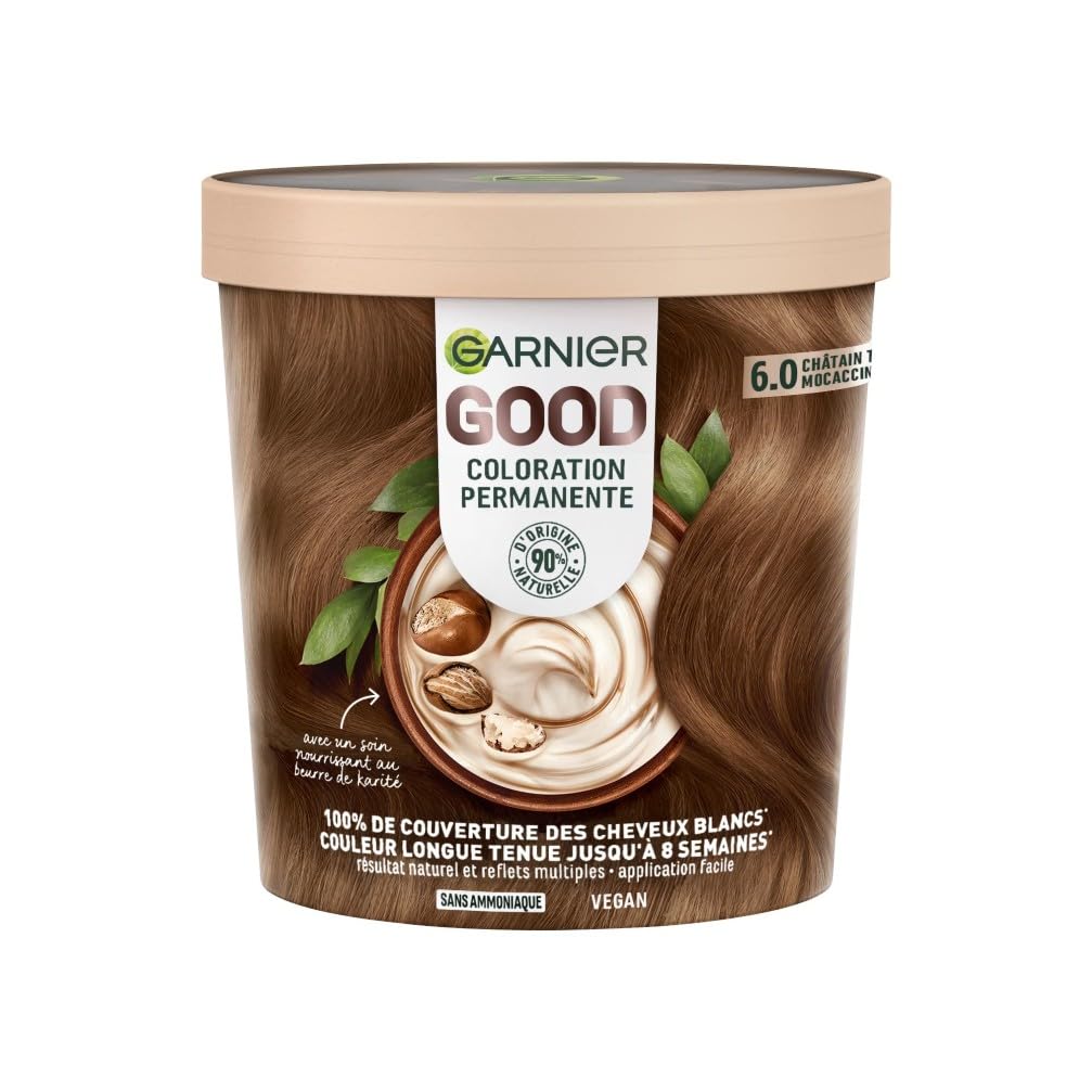 Garnier GOOD Coloration Permanente Sans Ammoniaque Châtain Très Clair Mocaccino 6.0 - 90% Ingrédients Naturels, Vegan, Beurre de Karité