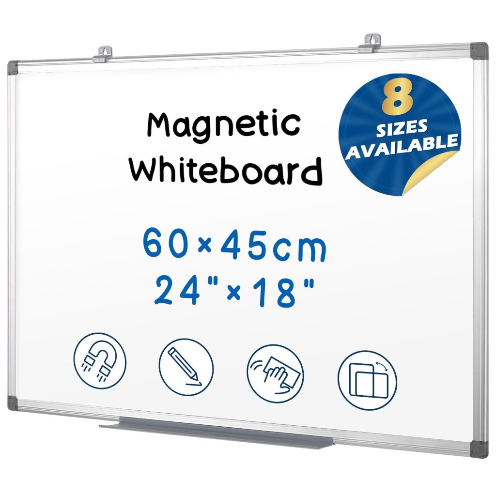 SWANCROWN Tableau Magnétique Blanc Effaçable 60x45 cm avec Cadre Aluminium - Idéal Bureau et École
