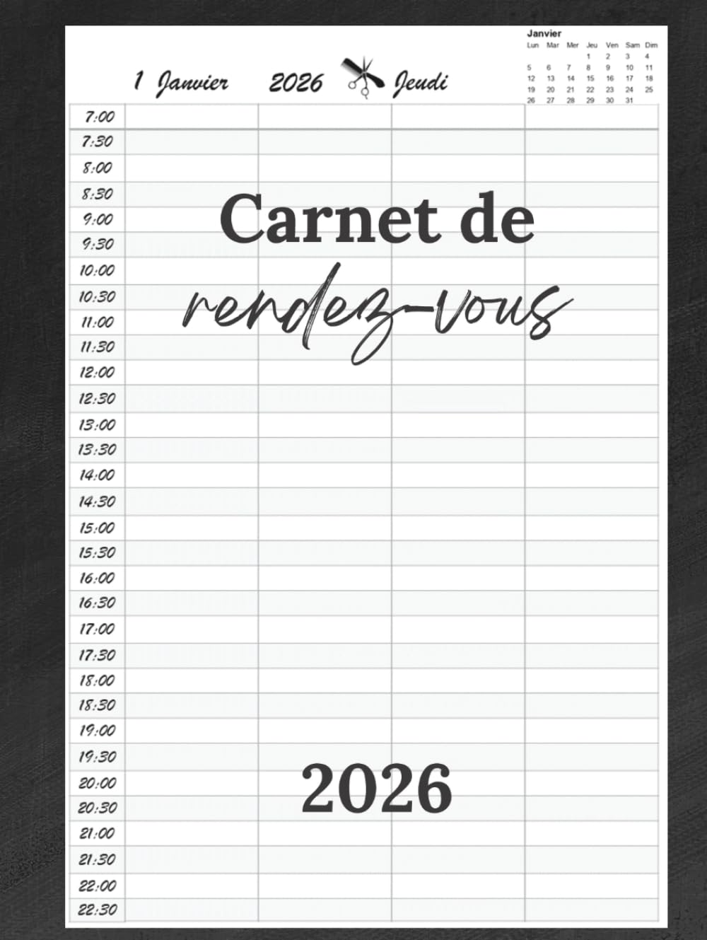 Carnet de Rendez-vous Coiffeur 2026 : Agenda Journalier A4 avec Plage Horaire Détaillée