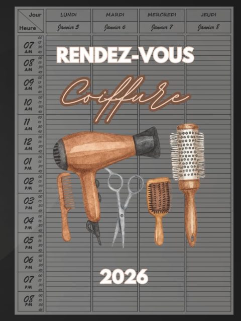 Carnet de Rendez-vous Coiffeur 2026 : Agenda Journalier et Hebdomadaire avec Créneaux de 15 Minutes