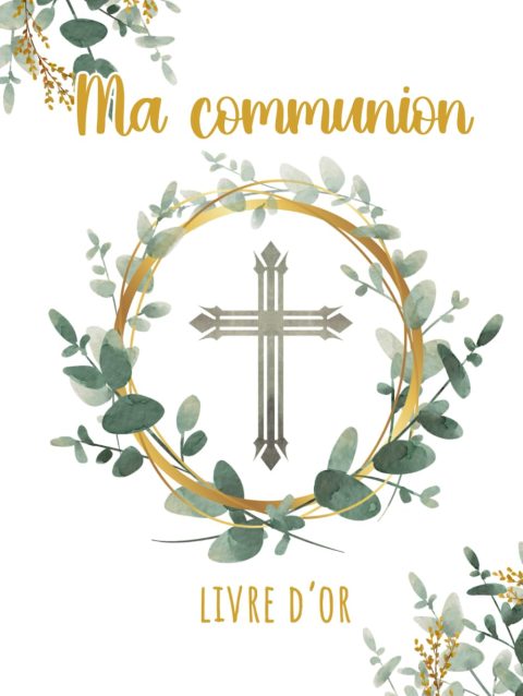 Livre d'Or Communion Eucalyptus Vert & Or - Grand Format Rigide 100 Pages Dorées Élégantes