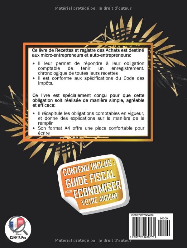 Livre de Compte Recette Dépense: Carnet de Tenue de Compte pour Micro-Entrepreneurs (BIC/BNC) - Design Noir Floral Doré