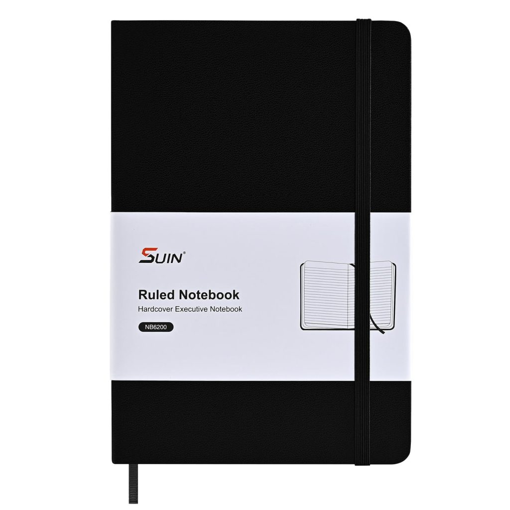 SUIN Carnet Professionnel A5 Couverture Rigide Lignée - Idéal Travail, École, Prise de Notes - Papier 100 g/m², Noir