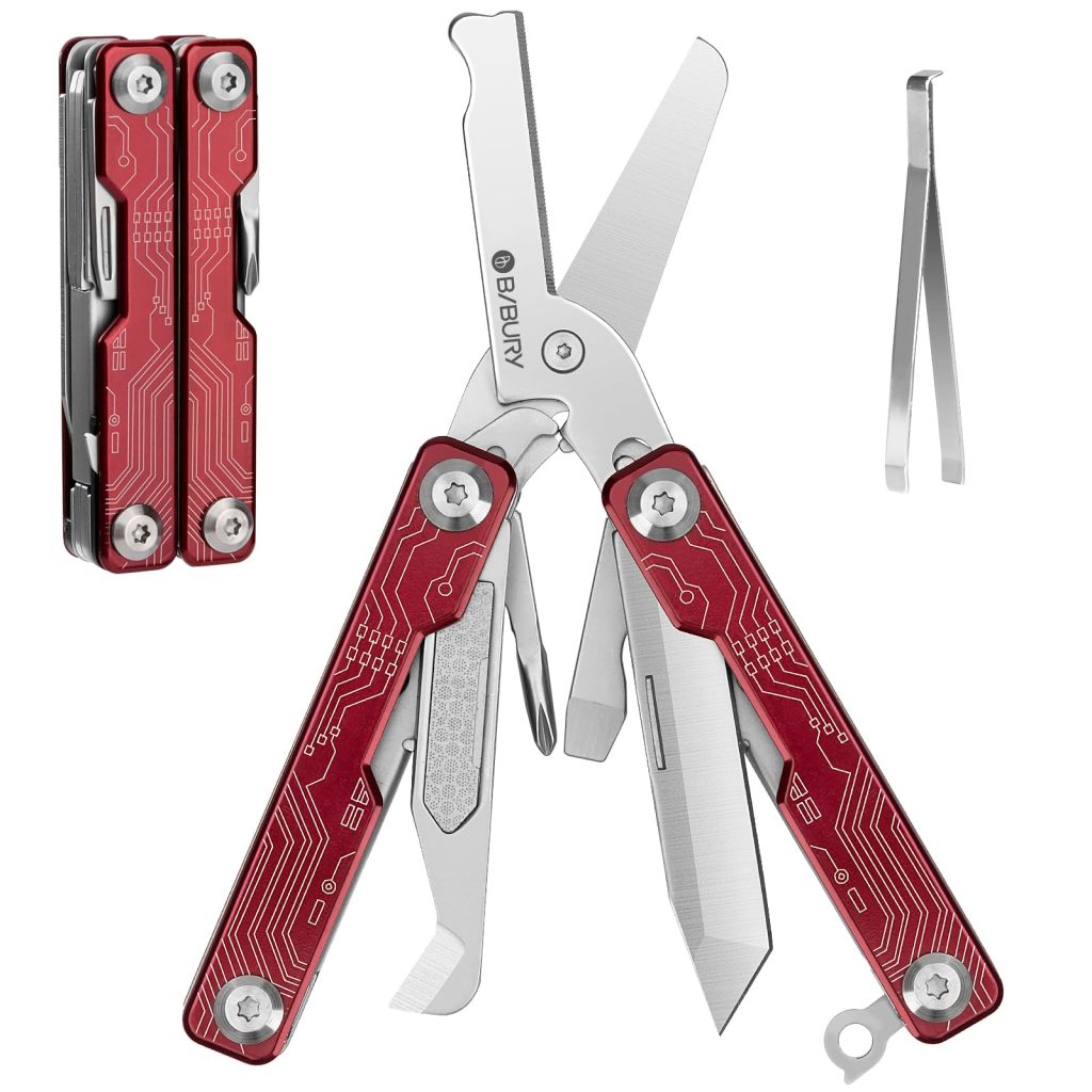 BIBURY Multitool EDC Rouge - Couteau Multifonction Compact avec Ciseaux, Brise-vitre, Tournevis, Lime - Gadget Essentiel et Cadeau Idéal pour Homme