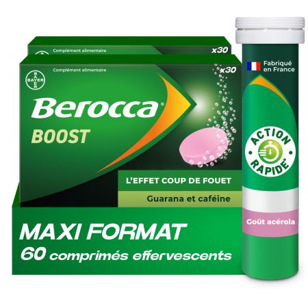 Berocca Boost - 60 Comprimés Effervescents Goût Acérola - Aide à la Concentration et à la Réduction de la Fatigue