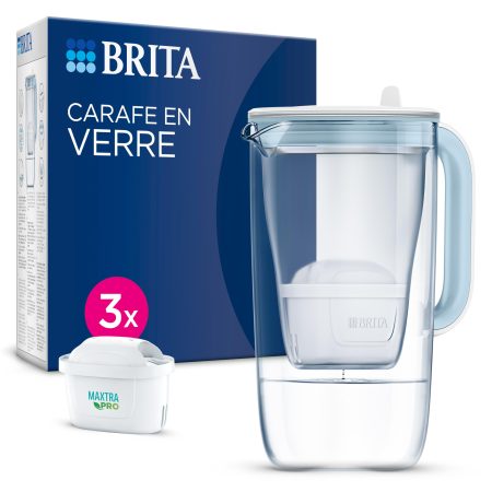 BRITA Carafe Filtrante en Verre Bleue 2,5L avec 3 Filtres MAXTRA PRO Pure Performance - Réduit PFAS, Chlore, Calcaire