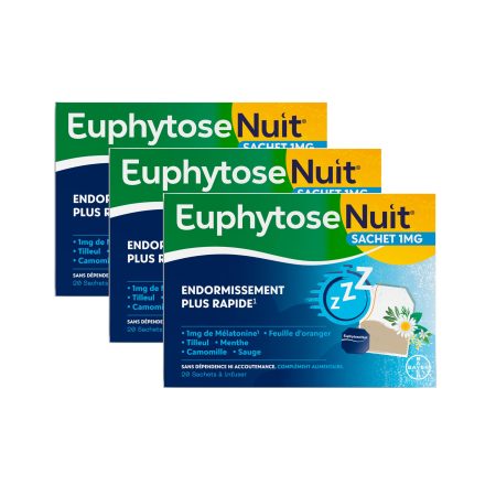 EuphytoseNuit Sachet - Complément alimentaire sommeil adulte - Mélatonine 1mg Endormissement rapide - 3 Packs de 20 Sachets