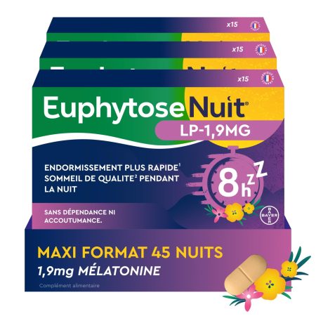 Euphytose Nuit LP Mélatonine 1,9 mg - Complément Alimentaire Sommeil Adulte - Favorise l'Endormissement et la Qualité du Sommeil - Libération Prolongée 8H - Valériane - 45 Nuits