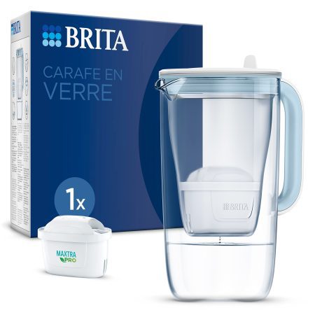 BRITA Carafe Filtrante en Verre Premium Bleu Clair 2,5L avec Filtre MAXTRA PRO ALL-IN-1 - Réduit PFAS, Chlore, Métaux et Calcaire - Indicateur LED Smart Light