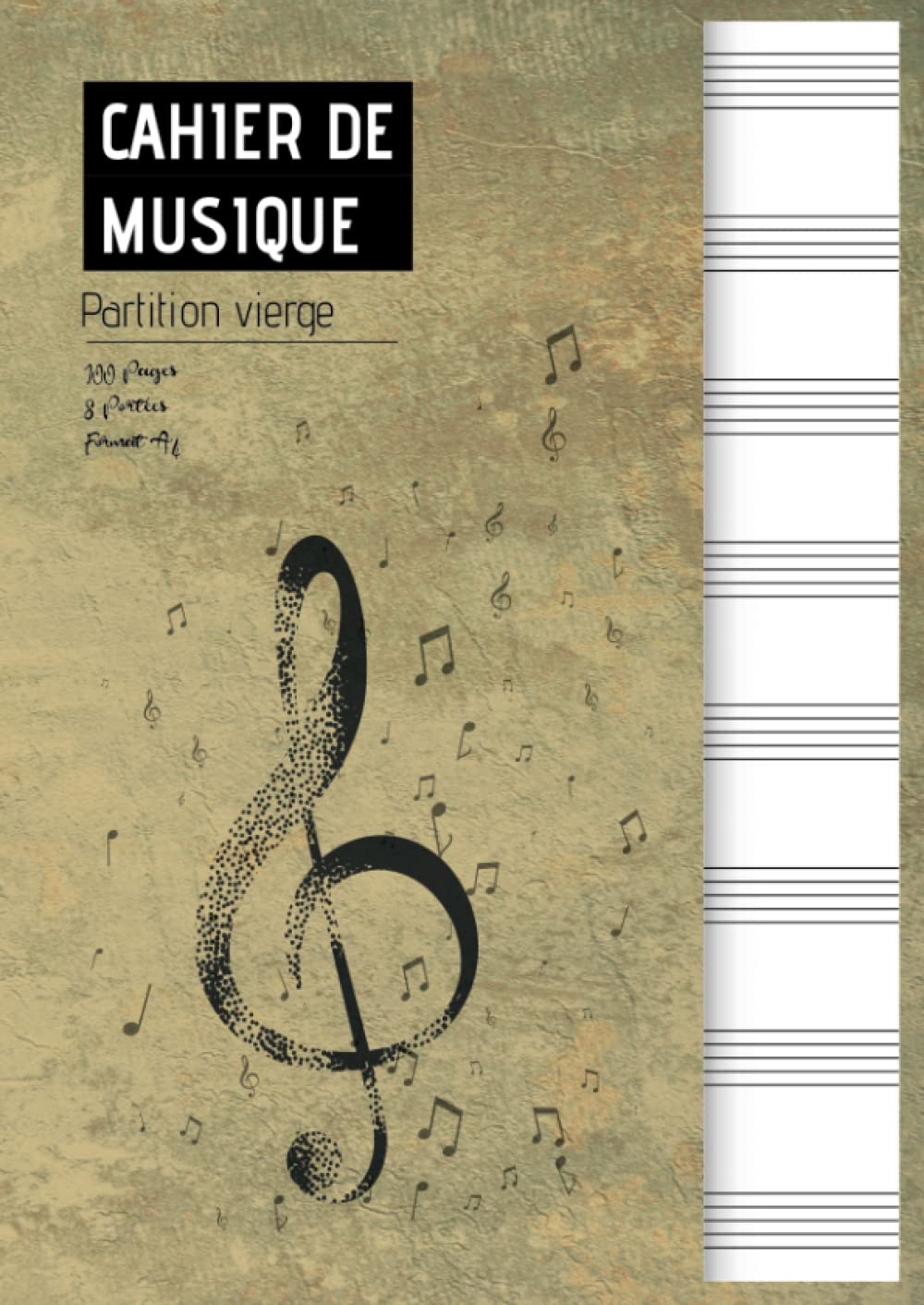 Cahier de musique A4, 100 pages, 8 portées larges par page - Partition vierge idéale pour compositeurs et musiciens